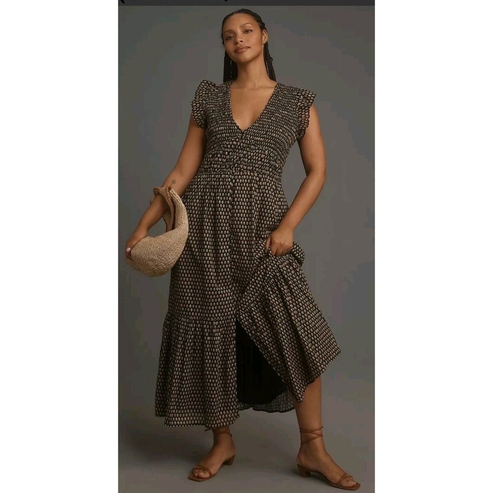 Anthropologie Peregrine Midi Fall Black/Cream Floral Design Cotton Dress Medium